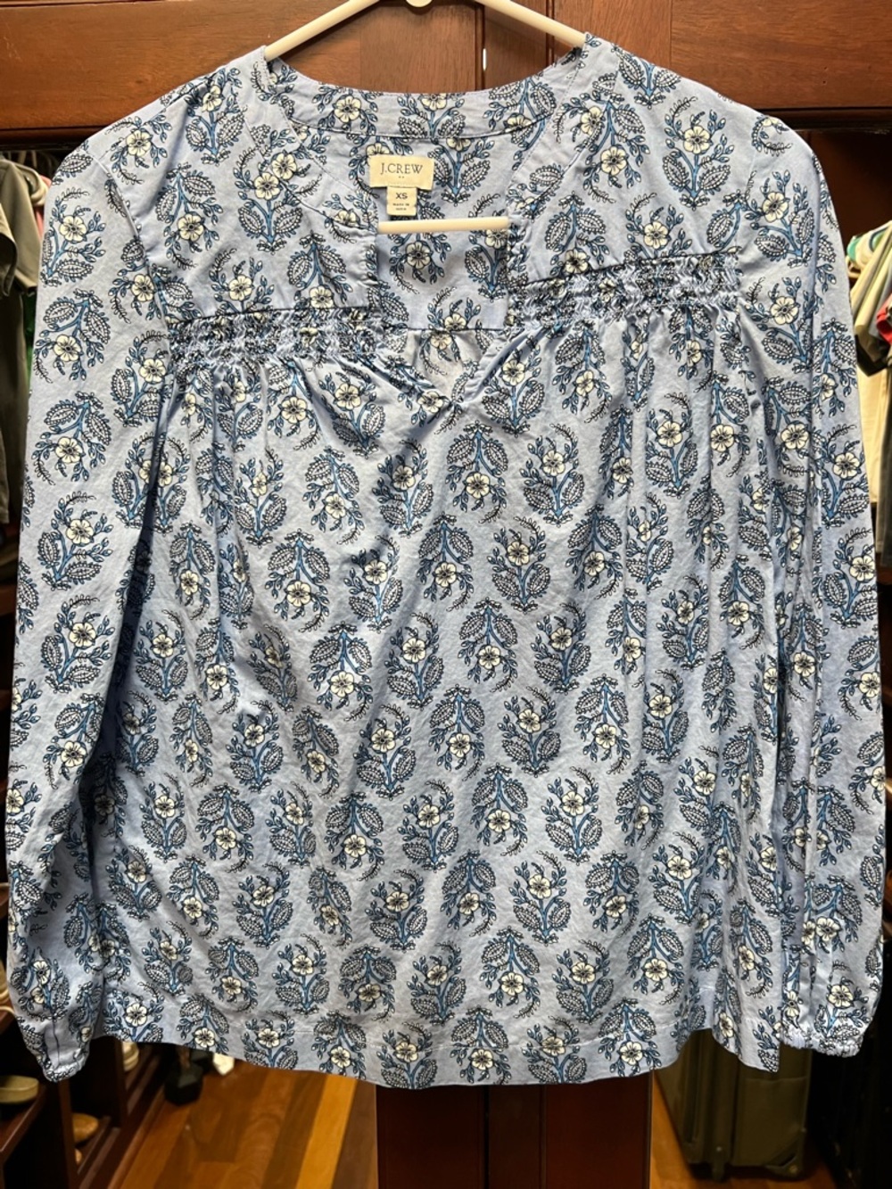 J. Crew XS Light Blue Floral Smocked Yoke Long Sleeve Top